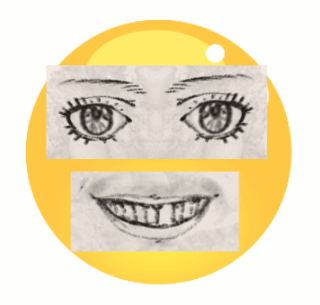 Ilustración de una cara con ojos grandes y una sonrisa amplia, sobre un fondo amarillo circular. El diseño destaca características expresivas y un estilo artístico.