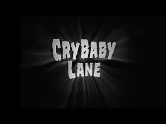 Texto alternativo para la imagen de "Crybaby Lane", una película de terror infantil, con un estilo gráfico en blanco y negro que destaca el título.