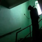 Silueta de una persona en una escalera con paredes verdes, creando un ambiente misterioso y sombrío.