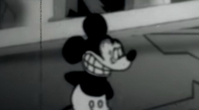 Mickey Mouse en un estilo de animación en blanco y negro, sonriendo con un gran gesto, representando un clásico de la cultura pop.