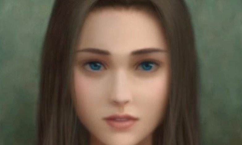 Retrato de una mujer con cabello largo y castaño, ojos azules y expresión suave, fondo difuso en tonos verdes. Ideal para ilustrar temas de belleza y retratos digitales.