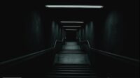 Escalera oscura con iluminación tenue, que conduce a un pasillo vacío y sombrío. Ideal para ilustrar temas de misterio o suspense.