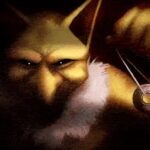 Ilustración de un personaje fantástico con orejas puntiagudas y un pelaje amarillo, sosteniendo un objeto brillante en la mano. Fondo oscuro que resalta su expresión intensa y misteriosa.