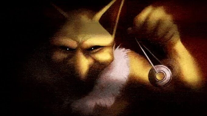 Ilustración de un personaje fantástico con orejas puntiagudas y un pelaje amarillo, sosteniendo un objeto brillante en la mano. Fondo oscuro que resalta su expresión intensa y misteriosa.