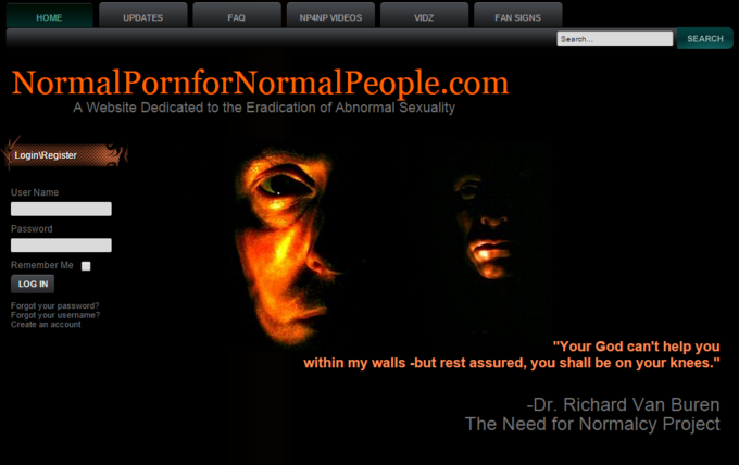 Página de inicio de NormalPornforNormalPeople.com, un sitio web dedicado a la erradicación de la sexualidad anormal, con un diseño oscuro y elementos de inicio de sesión.