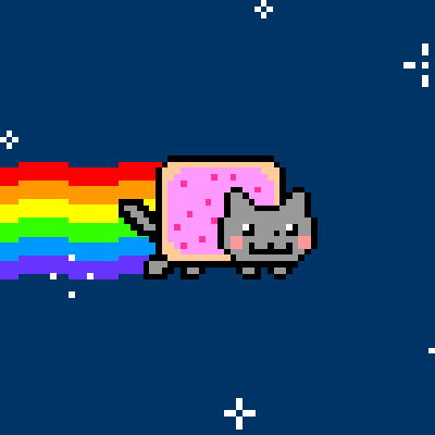 Gato animado Nyan con un cuerpo de pastelito, volando en un fondo estrellado y dejando un rastro de arcoíris.