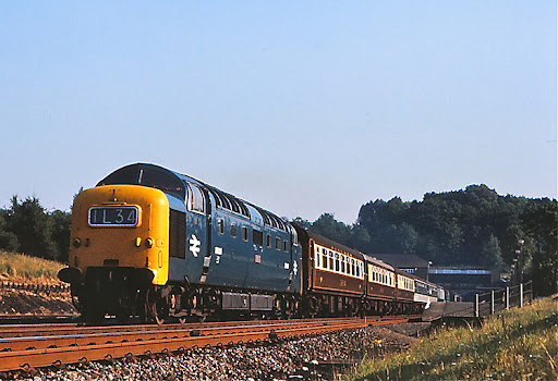 Locomotora de tren de pasajeros de color azul y amarillo en una vía férrea, con vagones de madera, rodeada de un paisaje verde y un cielo despejado.